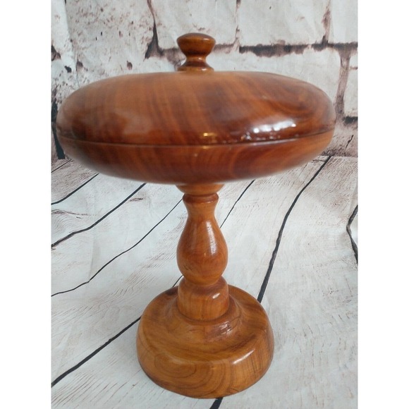 Vintage Hand Turned WOOD PEDESTAL COVERED CANDY Dog treat BOWL DISH BOX - Picture 3 of 9